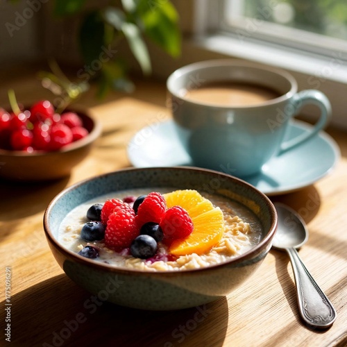 Breakfast in the morning sun. Freshly brewed coffee and oatmeal with berries. Close-up.