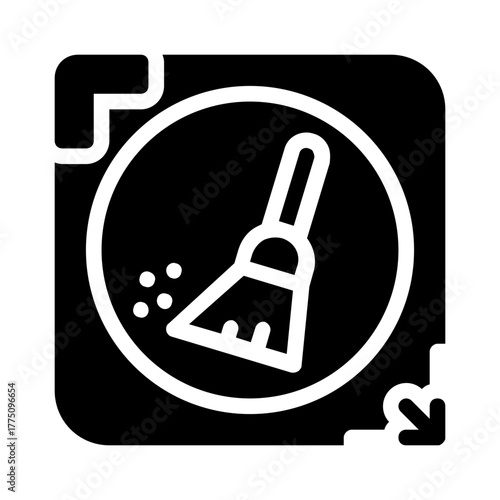 Line drawing of broom sweeping up debris perfect for cleaning service logo, article illustration, household product packaging, and educational material.
