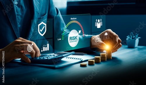 Risk management and financial strategy concept with businessman analyzing investment data and protecting assets, using calculator, digital dashboard to evaluate low, medium, high business risk levels