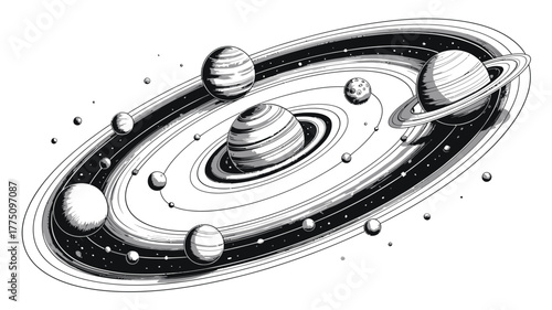 Explore the Universe with this Abstract Galaxy, Awe-Inspiring Planets and Rings, Perfect for Science Lovers and Cosmic Dreamers in Black and White Style