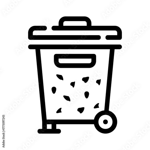 Black lined filled trash can with lid and one wheel. Perfect for waste management, cleanliness concepts, environmental themes, and recycling campaigns.
