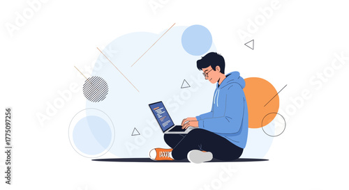 Young Programmer Concentrating on Code with Laptop, Focused and Dedicated Illustration