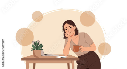Young Woman Smiling and Thinking While Holding Coffee Cup, Working at Home
