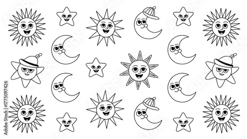 Adorable celestial cartoon seamless pattern featuring smiling suns, moons, and stars that kids will adore for bedtime stories and nursery decor projects