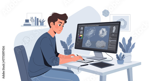 Young Designer Creating Graphic Designs On Computer With Digital Tablet