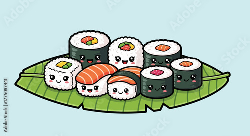 Cartoon sushi pieces with cute faces on a green leaf.