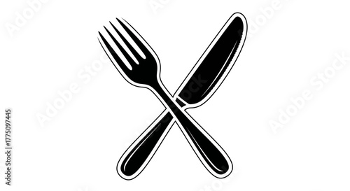 Illustration of a crossed fork and knife, representing dining or cuisine.