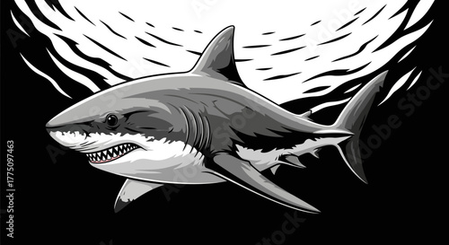 Illustration of a shark with sharp teeth swimming in dark water.