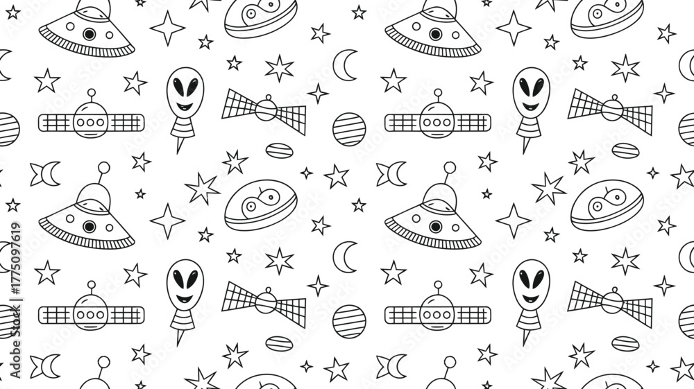 Fototapeta premium Explore the cosmos with this fun, seamless pattern featuring aliens, spaceships, stars, and moons for out-of-this-world designs and creative projects