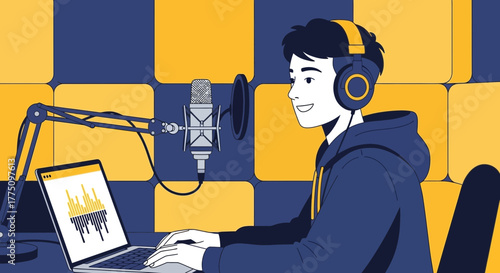 Young Male Podcast Host Engaging Audience With Professional Audio Recording Gear