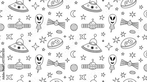 Explore the cosmos with this fun, seamless pattern featuring aliens, spaceships, stars, and moons for out-of-this-world designs and creative projects