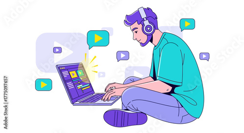 Young Man Editing Video on Laptop with Headphones Designing Digital Content