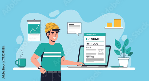 Young Man Reviews Resume And Plans Career Path Online Before Job Search Interviews