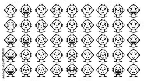 Expressive emotions in black and white line drawing showcasing the spectrum of human feelings and expressions, great for illustrating emotional concepts