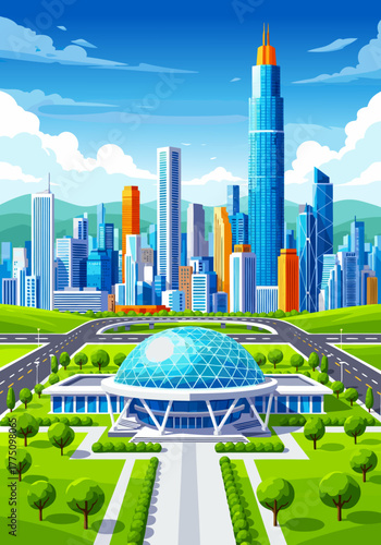 Vector illustration of a modern urban landscape with a futuristic glass dome building and a city skyline background