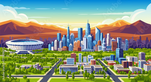 Skyline Cityscape Modern Buildings, Nature, Stadium, and Distant Mountains