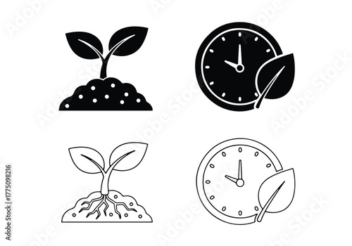 Seedling growth and time icons set - Vector icon symbol for website - Icon vector - Blue icon vector - Line and glyph solid icon set