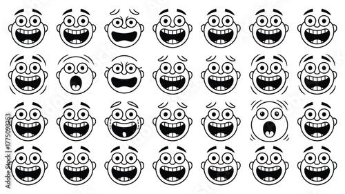 Expressive cartoon faces showing a wide range of emotions like happiness, surprise and sadness, perfect for adding personality to your project