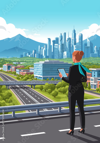 Woman wearing a business suit looking at a tablet with a futuristic cityscape and mountains in the background, symbolizing progress and real estate opportunities