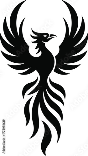 Black and white phoenix bird tribal design, minimalist firebird tattoo vector, elegant flying mythical creature silhouette illustration