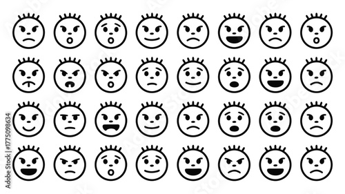 Emotion icons collection for website or app design featuring a range of expressions from happy to sad, angry, and surprised for user interface design