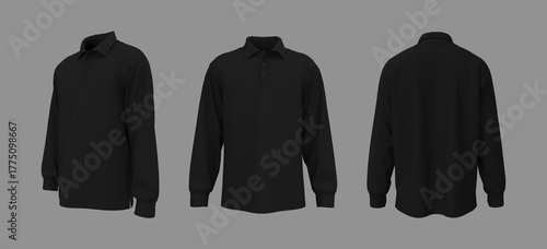 Oversized men’s long sleeve polo shirt mockup. Front, side and back view