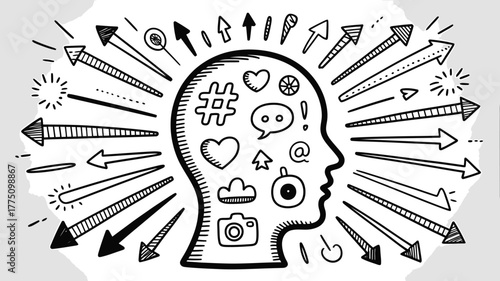 Unlock your potential with creative thinking and innovative ideas illustrated in a head with arrows, showcasing social media and communication concepts