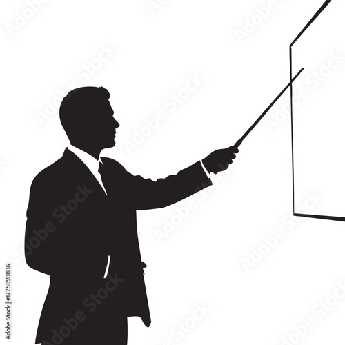 Businessman Presenting with Pointer Stick Vector Silhouette Illustration, Professional Male Figure Explaining Concept on Blank Screen for Business Presentations