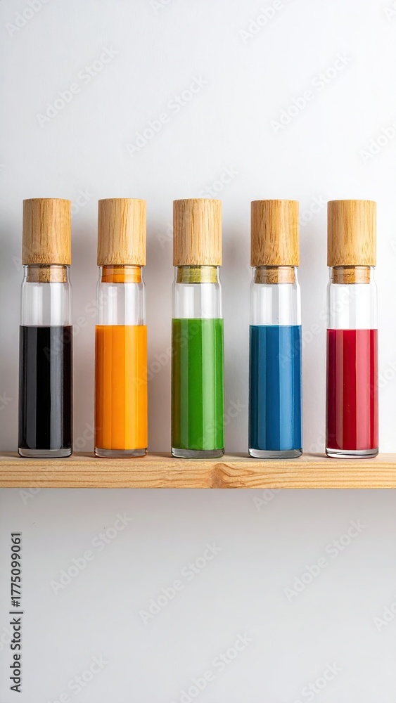 Naklejka premium Colorful liquids in glass bottles, wood stoppers, on wood shelf