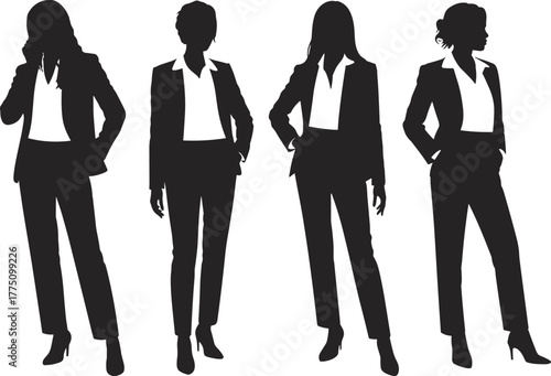 Black and white silhouettes of businesswomen in suits, professional female figures, corporate attire concept for teamwork and leadership design