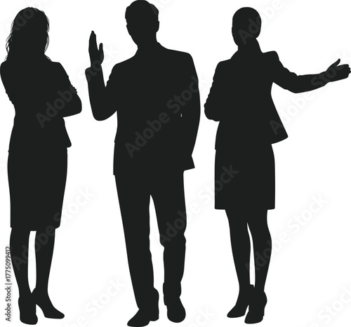 Business people silhouettes discussing ideas, team communication and leadership concept, professional men and women in office attire illustration