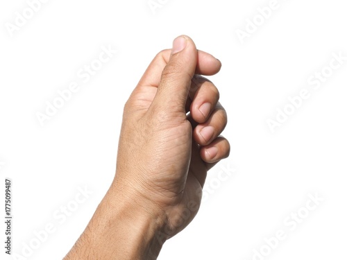 Male hand making a gesture of holding a card or business card. Some types of documents ID card Or a passport, coin, or something. Isolated on a white background.
