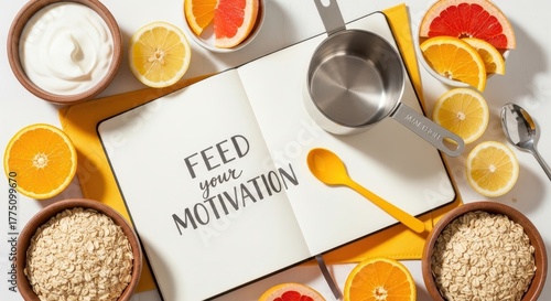 Open notebook with motivational message and fresh fruit nearby