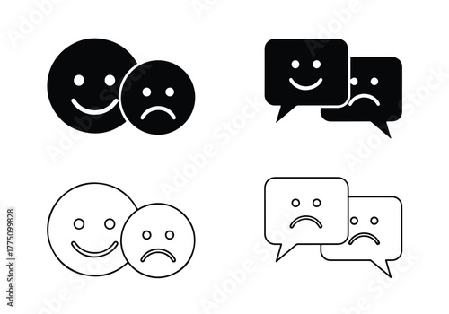 Happy and sad emoticons and chat bubbles icon set - Vector icon symbol for website - Icon vector - Blue icon vector - Line and glyph solid icon set