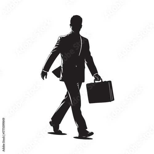 Confident Businessman Walking with Briefcase Silhouette Professional Male Figure Moving Forward with Determination and Success