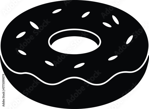 Donut Silhouette Vector – Black Icon of Sweet Doughnut with Icing and Sprinkles Isolated on White Background