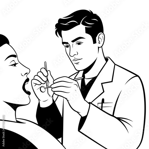 Dentist examining patients teeth with dental tools in clinic.