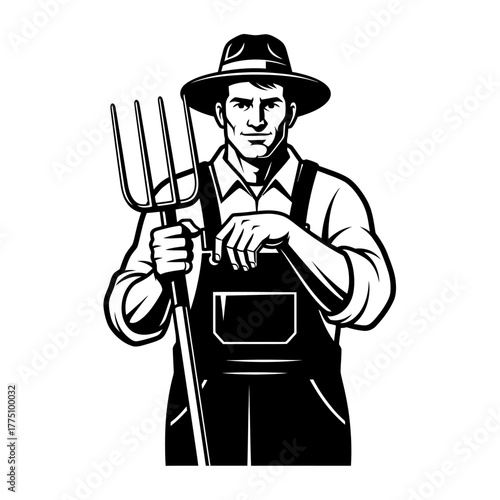 Farmer with pitchfork standing and looking at the camera.