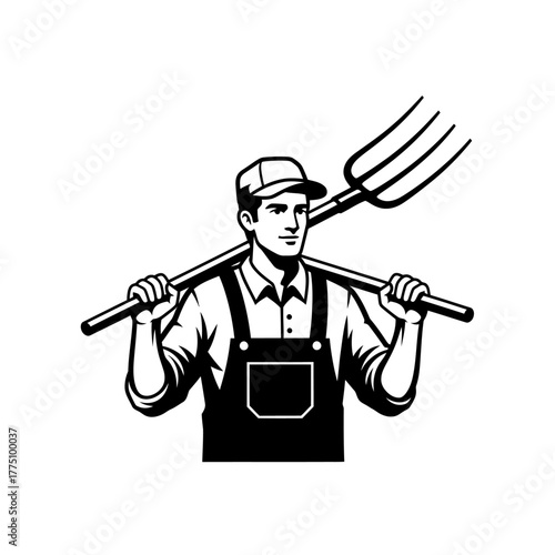 Farmer with pitchfork on shoulder looking forward in black and white.