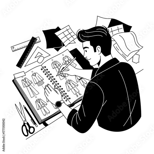 Fashion designer sketching clothing designs in his notebook.