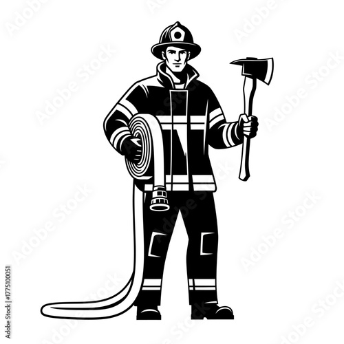 Firefighter holding axe and hose ready for action.