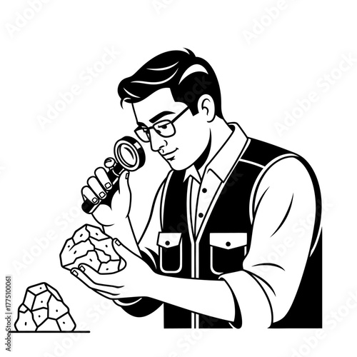 Geologist examining rock sample with magnifying glass for analysis.