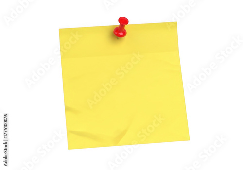 Bright yellow note paper pinned securely with a red thumbtack for reminders transparent background