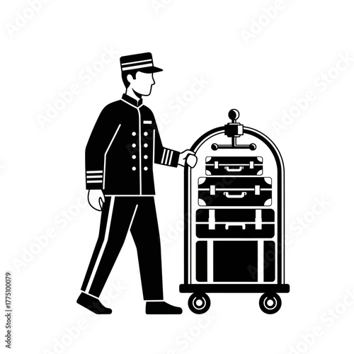 Hotel porter pushing luggage cart for guest service.