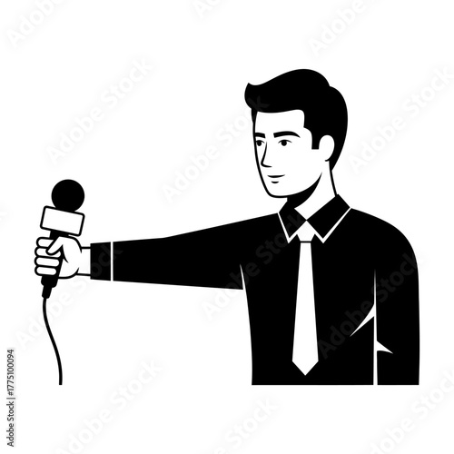 Journalist holding microphone ready for interview.