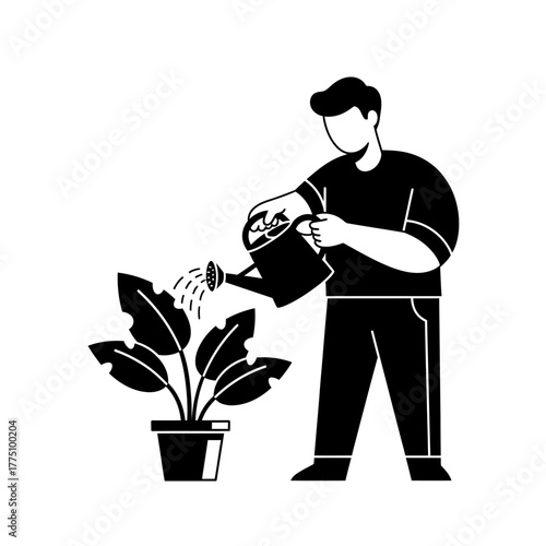 Man watering plant in a pot with watering can.