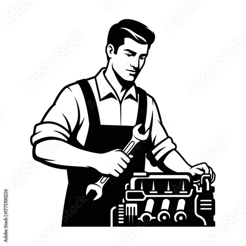 Mechanic working on engine with wrench, black and white.