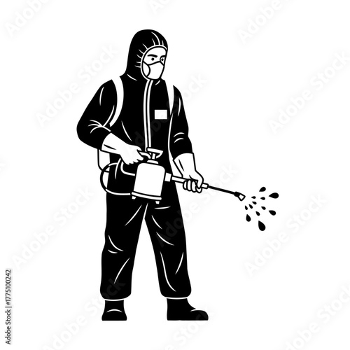 Pest control worker in protective suit spraying disinfectant.