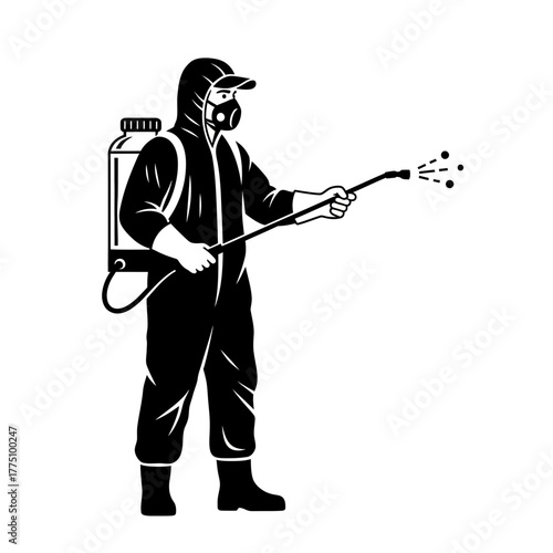 Pest control worker in protective suit spraying disinfectant.