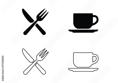 Restaurant and coffee shop icons fork knife cup saucer - Vector icon symbol for website - Icon vector - Blue icon vector - Line and glyph solid icon set